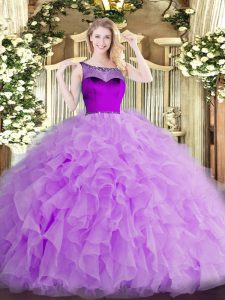 Hot Selling Sleeveless Organza Floor Length Zipper Quinceanera Dresses in Lavender with Beading and Ruffles and Hand Made Flower