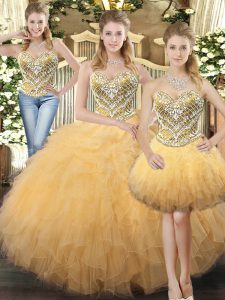 Latest Champagne Lace Up Sweetheart Beading and Ruffles Ball Gown Prom Dress Tulle Sleeveless