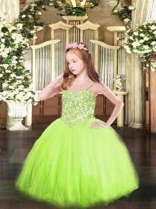 Stylish Yellow Green Lace Up Spaghetti Straps Appliques Winning Pageant Gowns Tulle Sleeveless