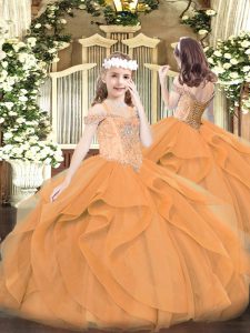 Latest Floor Length Orange Pageant Dress Off The Shoulder Sleeveless Lace Up