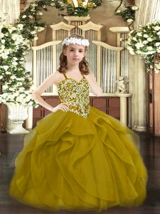 Brown Child Pageant Dress Party and Quinceanera with Beading and Ruffles Straps Sleeveless Lace Up