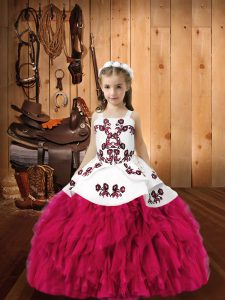 Custom Fit Fuchsia Ball Gowns Embroidery and Ruffles Pageant Dress Womens Lace Up Organza Sleeveless Floor Length