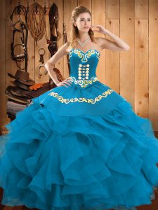 Sweetheart Sleeveless Satin and Organza 15th Birthday Dress Embroidery and Ruffles Lace Up