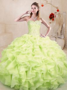 Yellow Green Sleeveless Floor Length Beading and Ruffles Lace Up Quinceanera Dresses