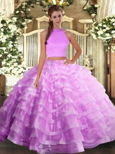 Best Selling Two Pieces Sweet 16 Dress Lilac Halter Top Organza Sleeveless Floor Length Backless