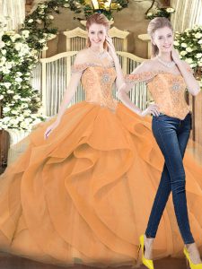 Floor Length Orange Red Vestidos de Quinceanera Organza Sleeveless Beading and Ruffles