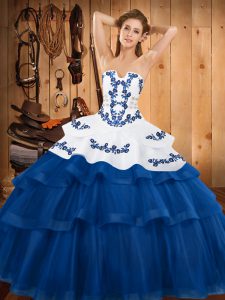 Blue Sleeveless Embroidery and Ruffled Layers Lace Up Quinceanera Dress