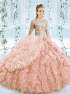 Free and Easy Lace Up Sweet 16 Dresses Peach for Sweet 16 and Quinceanera with Beading and Ruffles Brush Train