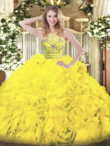 Luxury Halter Top Sleeveless Zipper Quinceanera Dress Gold Tulle