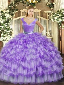 Custom Designed V-neck Sleeveless Vestidos de Quinceanera Floor Length Ruffled Layers Lavender Organza