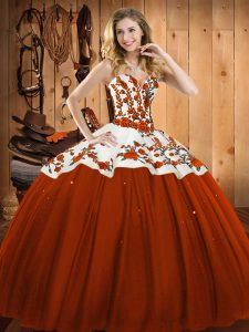 Embroidery Quince Ball Gowns Rust Red Lace Up Sleeveless Floor Length