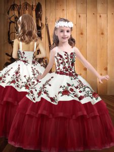 New Arrival Organza Straps Sleeveless Lace Up Embroidery Pageant Gowns For Girls in Wine Red