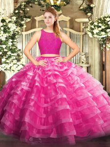 Best Selling Scoop Sleeveless Quince Ball Gowns Floor Length Lace and Ruffled Layers Fuchsia Organza