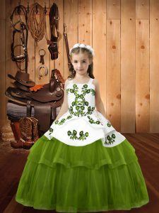 Luxurious Embroidery Little Girl Pageant Gowns Olive Green Lace Up Sleeveless Floor Length