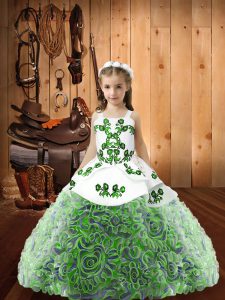 Nice Sleeveless Fabric With Rolling Flowers Floor Length Lace Up Kids Formal Wear in Multi-color with Embroidery and Ruffles