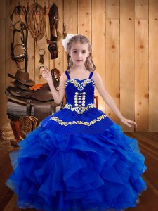 Royal Blue Straps Neckline Embroidery and Ruffles Custom Made Pageant Dress Sleeveless Lace Up