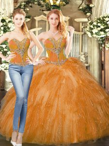 Orange Red Organza Lace Up Sweetheart Sleeveless Floor Length Sweet 16 Dresses Beading and Ruffles