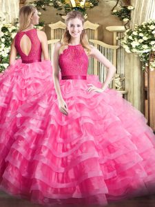 Luxurious Hot Pink Organza Zipper Quinceanera Gowns Sleeveless Floor Length Ruffled Layers