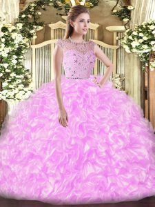 Dynamic Sleeveless Floor Length Beading and Ruffles Zipper Ball Gown Prom Dress with Lilac