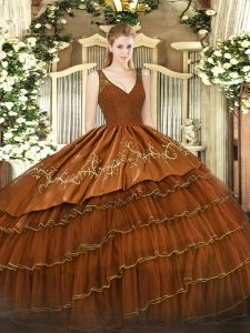 Rust Red Ball Gowns Organza and Taffeta V-neck Sleeveless Beading and Lace and Embroidery and Ruffled Layers Floor Length Backless Ball Gown Prom Dress