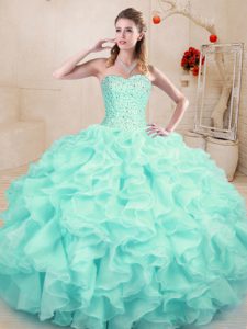 Aqua Blue Lace Up Sweetheart Beading and Ruffles Quinceanera Dress Organza Sleeveless