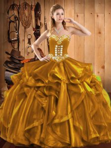 Romantic Floor Length Lace Up Quinceanera Gowns Gold for Military Ball and Sweet 16 and Quinceanera with Embroidery and Ruffles