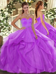 Hot Sale Floor Length Lace Up Quince Ball Gowns Lilac for Military Ball and Sweet 16 and Quinceanera with Beading and Ruffles