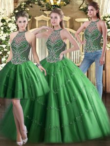 Glittering Floor Length Three Pieces Sleeveless Green Quinceanera Dresses Lace Up