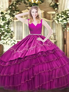 V-neck Sleeveless Zipper 15th Birthday Dress Fuchsia Satin and Organza