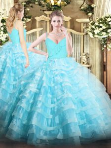 Floor Length Aqua Blue Quinceanera Dress Spaghetti Straps Sleeveless Zipper