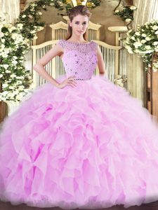 Lovely Floor Length Zipper Sweet 16 Dress Lilac for Military Ball and Sweet 16 and Quinceanera with Beading and Ruffles