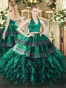 Sleeveless Floor Length Appliques and Ruffles Zipper Quinceanera Dresses with Dark Green