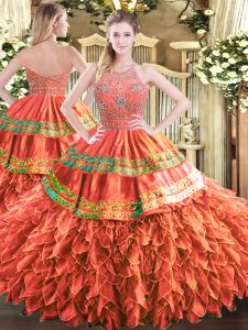 Noble Rust Red Tulle Zipper Halter Top Sleeveless Floor Length Ball Gown Prom Dress Beading and Ruffles and Sequins