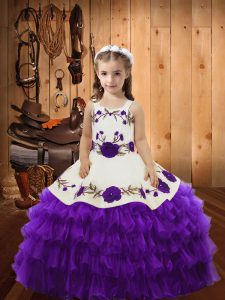 Eggplant Purple Lace Up Pageant Dress for Teens Embroidery and Ruffled Layers Sleeveless Floor Length