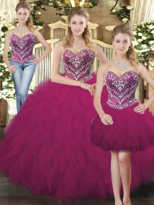 Comfortable Floor Length Lace Up Sweet 16 Quinceanera Dress Fuchsia for Military Ball and Sweet 16 and Quinceanera with Beading and Ruffles