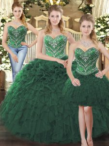 Chic Floor Length Ball Gowns Sleeveless Dark Green Quinceanera Gown Lace Up