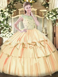 Champagne Sweet 16 Dress Military Ball and Sweet 16 and Quinceanera with Beading and Ruffled Layers Bateau Sleeveless Zipper