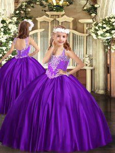 Purple Sleeveless Floor Length Beading Lace Up Pageant Gowns