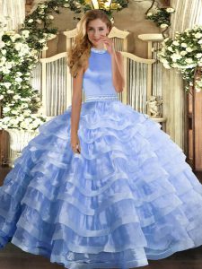 Eye-catching Sleeveless Floor Length Beading and Ruffled Layers Backless Quince Ball Gowns with Blue