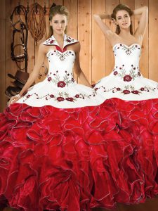 White And Red Satin and Organza Lace Up Quince Ball Gowns Sleeveless Floor Length Embroidery and Ruffles