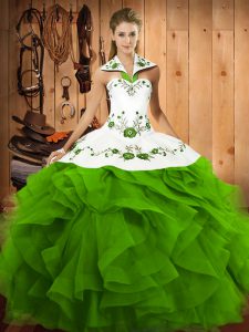 Sleeveless Floor Length Embroidery and Ruffles Lace Up Quinceanera Dresses