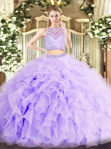 Lavender Organza Zipper Scoop Sleeveless Floor Length Quinceanera Dresses Beading and Ruffles