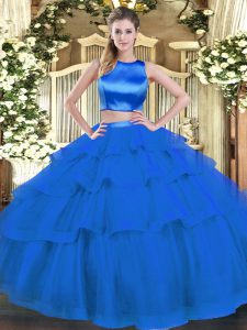 Gorgeous High-neck Sleeveless Criss Cross Sweet 16 Dresses Blue Tulle