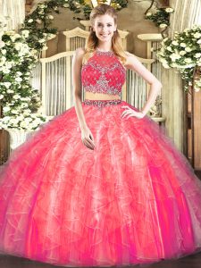 Coral Red Scoop Neckline Beading and Ruffles Quinceanera Gowns Sleeveless Zipper