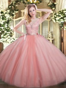 Charming Baby Pink Sleeveless Lace Floor Length Quinceanera Gown