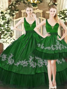 Dramatic Dark Green Lace Up Quince Ball Gowns Appliques Sleeveless Floor Length