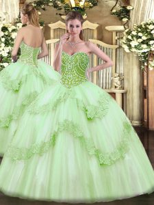 Charming Apple Green Ball Gowns Beading and Appliques 15th Birthday Dress Lace Up Tulle Sleeveless Floor Length