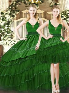 Best Dark Green Sleeveless Floor Length Beading and Ruffled Layers Lace Up 15 Quinceanera Dress