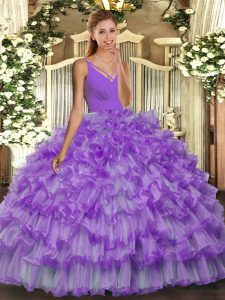 Lavender Ball Gowns V-neck Sleeveless Organza Floor Length Backless Ruffled Layers Quince Ball Gowns