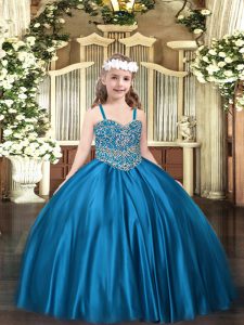 Floor Length Blue Pageant Dress for Womens Satin Sleeveless Beading